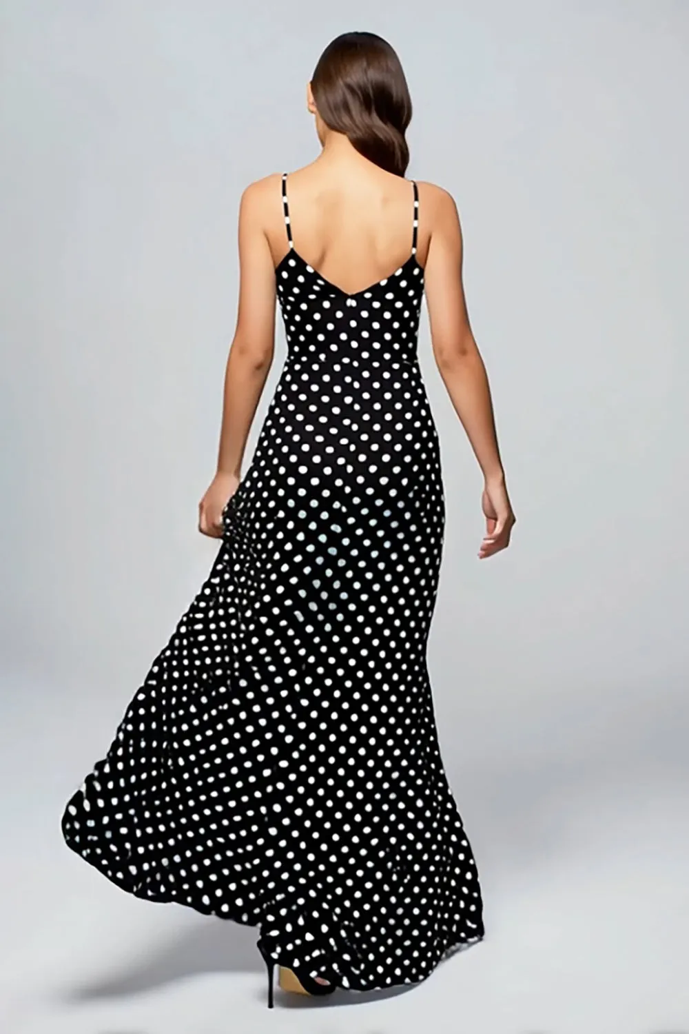 Black Spaghetti Straps Chiffon Sheath Polka Dots Dress with Slit sold by Zapaka product image thumbnail 2