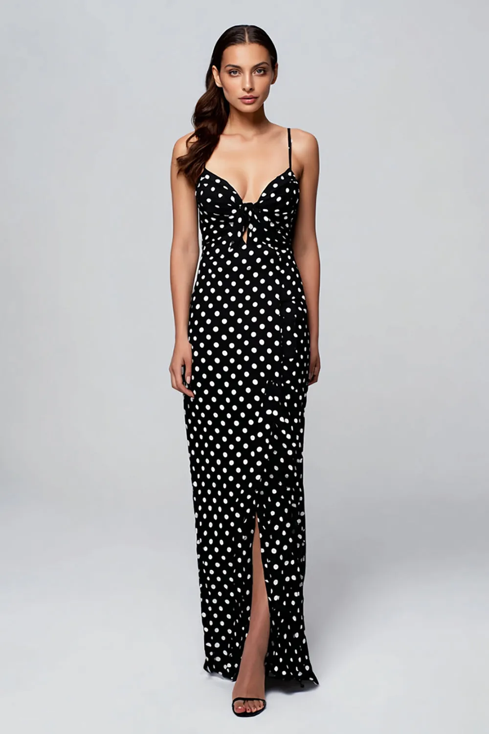 Black Spaghetti Straps Chiffon Sheath Polka Dots Dress with Slit sold by Zapaka
