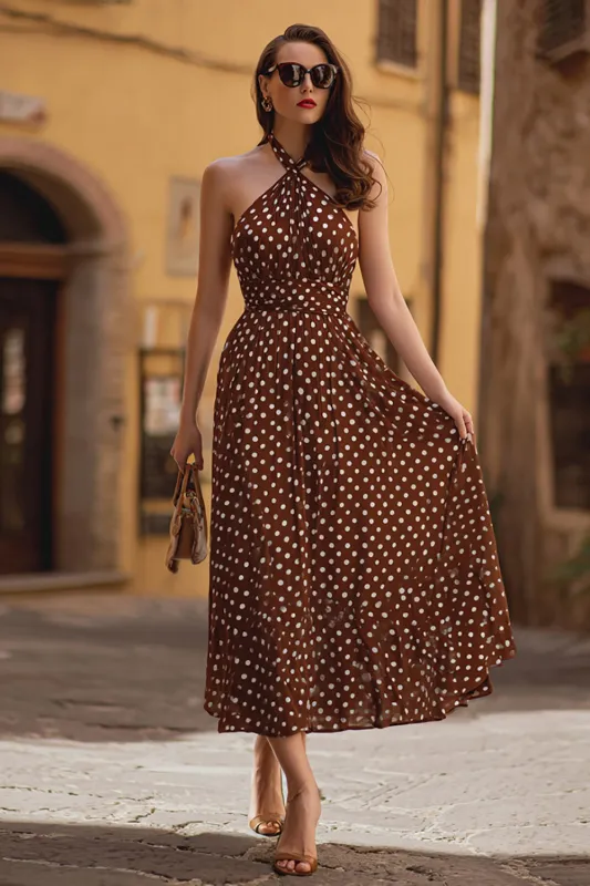 Brown Chiffon A-Line Halter Tea Length Polka Dots Dress sold by Zapaka