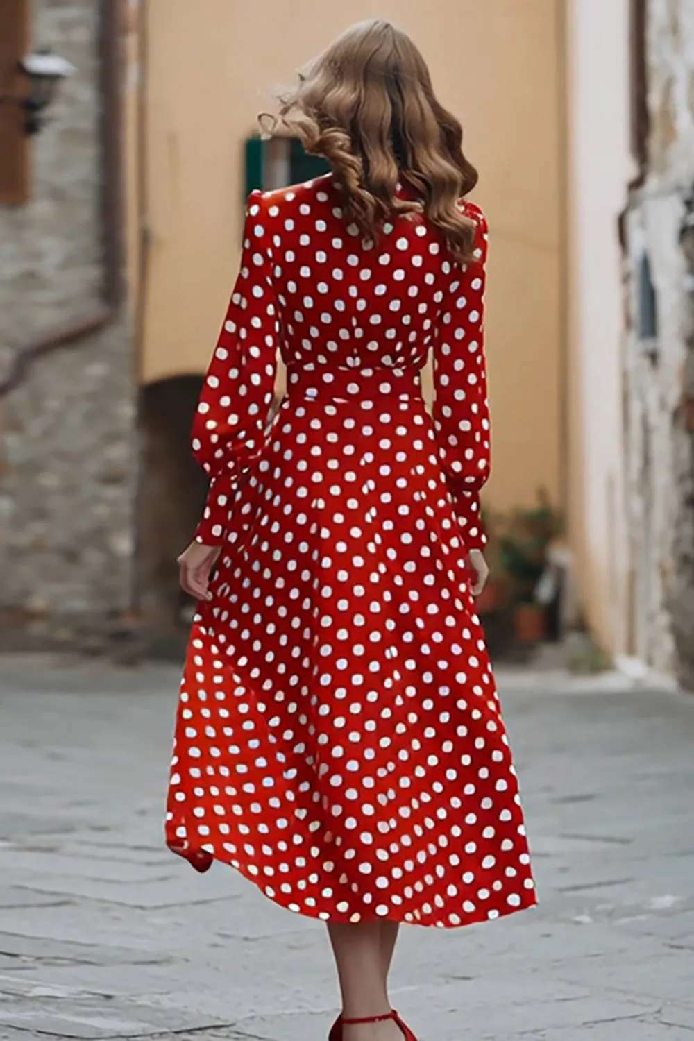 Red and White Chiffon V-Neck A-Line Long Sleeves Polka Dots Dress sold by Zapaka product image thumbnail 2