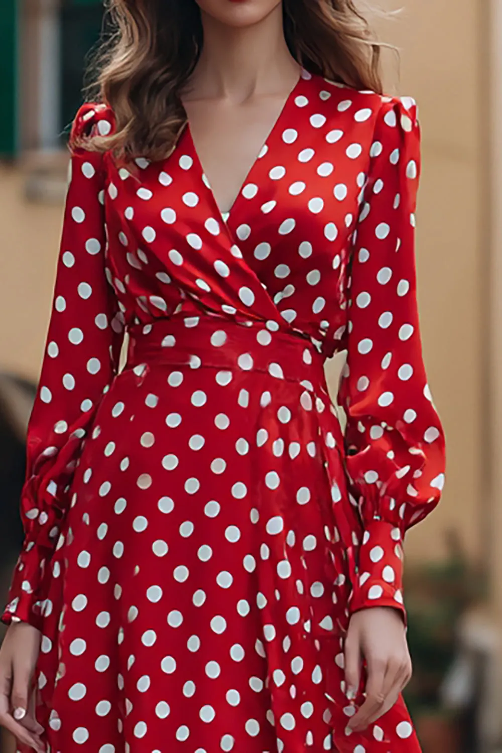 Red and White Chiffon V-Neck A-Line Long Sleeves Polka Dots Dress sold by Zapaka product image thumbnail 3