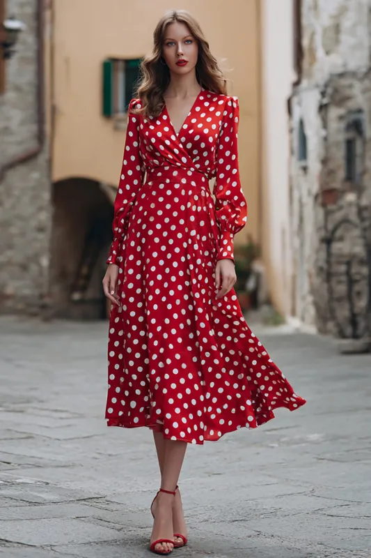 Red and White Chiffon V-Neck A-Line Long Sleeves Polka Dots Dress sold by Zapaka