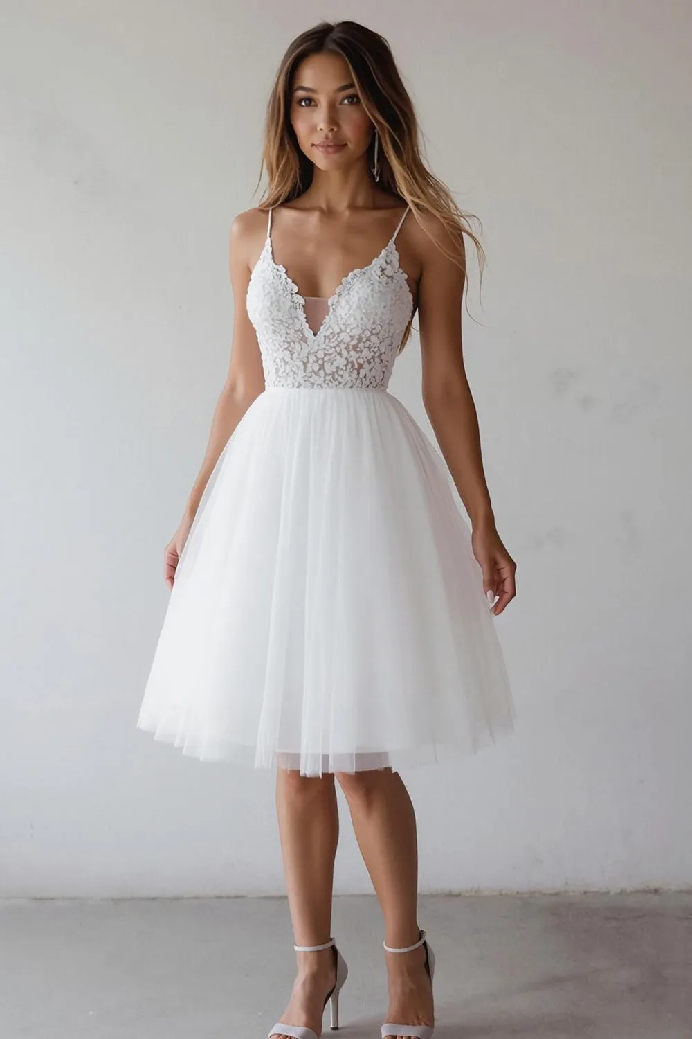 Lace A Line V Neck Little White Dress sold by Zapaka