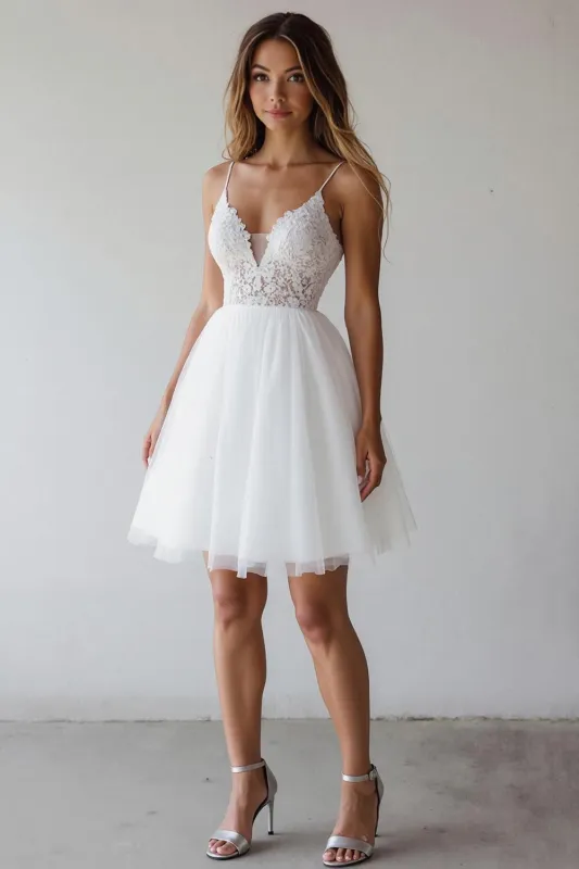 A Line Spaghetti Straps Tulle Little White Dress sold by Zapaka