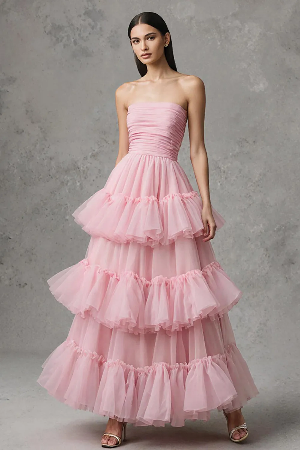 Pink Tulle A Line Tiered Strapless Long Formal Dress with Ruffles sold by Zapaka
