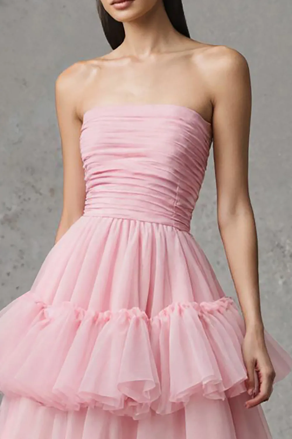 Pink Tulle A Line Tiered Strapless Long Formal Dress with Ruffles sold by Zapaka product image thumbnail 3