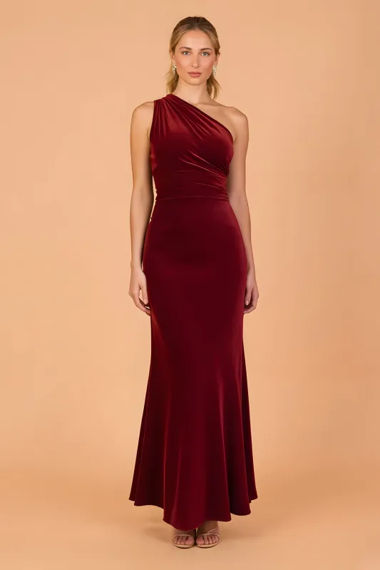 Burgundy Mermaid One Shoulder Maxi Bridesmaid Dress sold by Zapaka