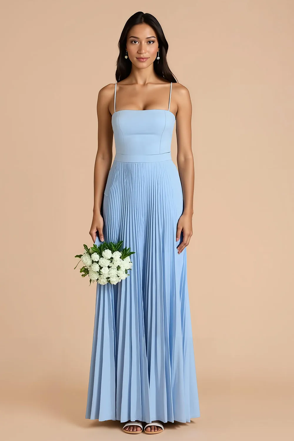 Sky Blue Pleated A Line Spaghetti Straps Maxi Bridesmaid Dress sold by Zapaka