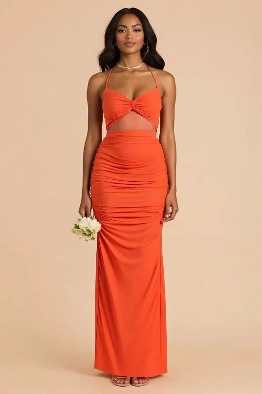 Orange Sheath Ruched Spaghetti Straps Cut Out Maxi Bridesmaid Dress sold by Zapaka
