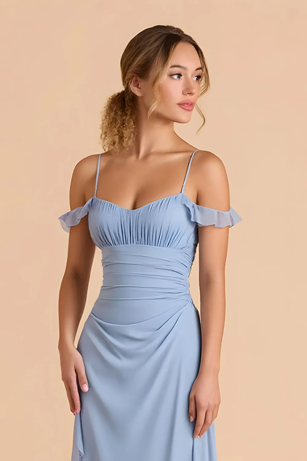 Light Blue Sheath Ruched Cold Shoulder Long Bridesmaid Dress with Ruffles sold by Zapaka product image thumbnail 2