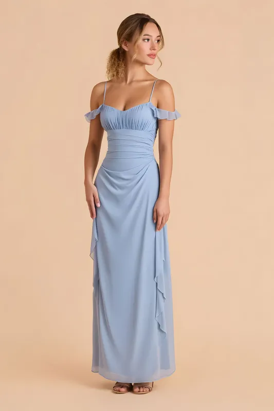 Light Blue Sheath Ruched Cold Shoulder Long Bridesmaid Dress with Ruffles sold by Zapaka