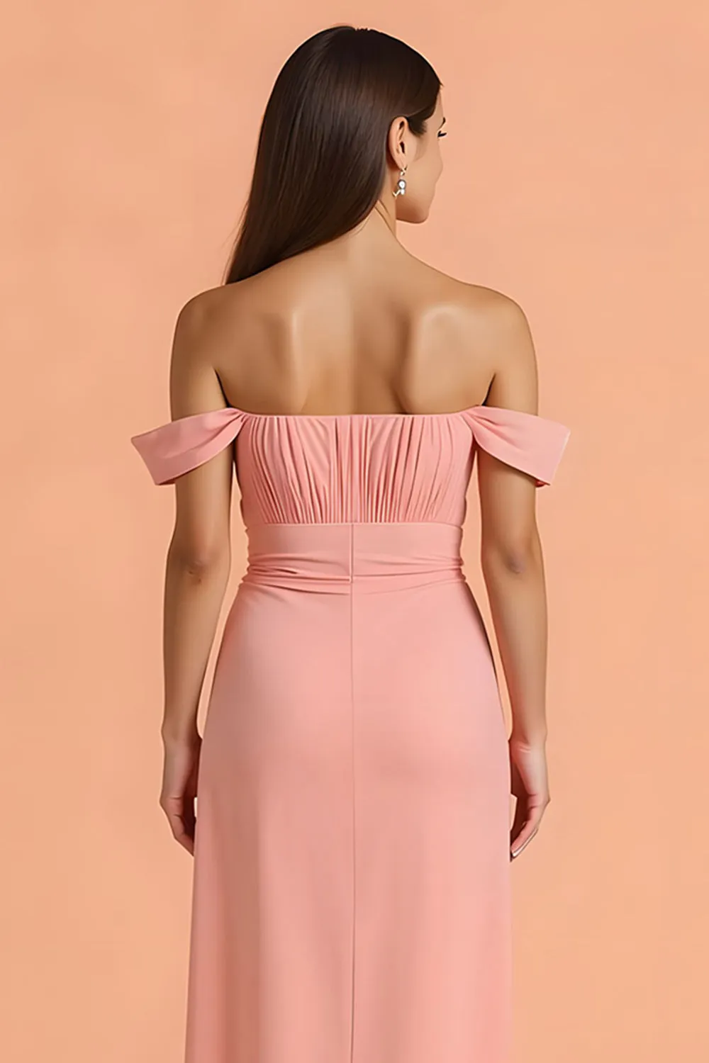 Blush Sheath Off the Shoulder Long Bridesmaid Dress with Slit sold by Zapaka product image thumbnail 4