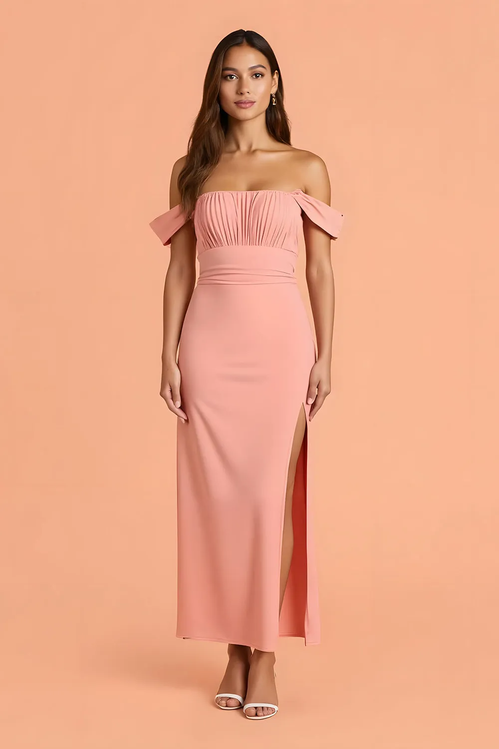 Blush Sheath Off the Shoulder Long Bridesmaid Dress with Slit sold by Zapaka