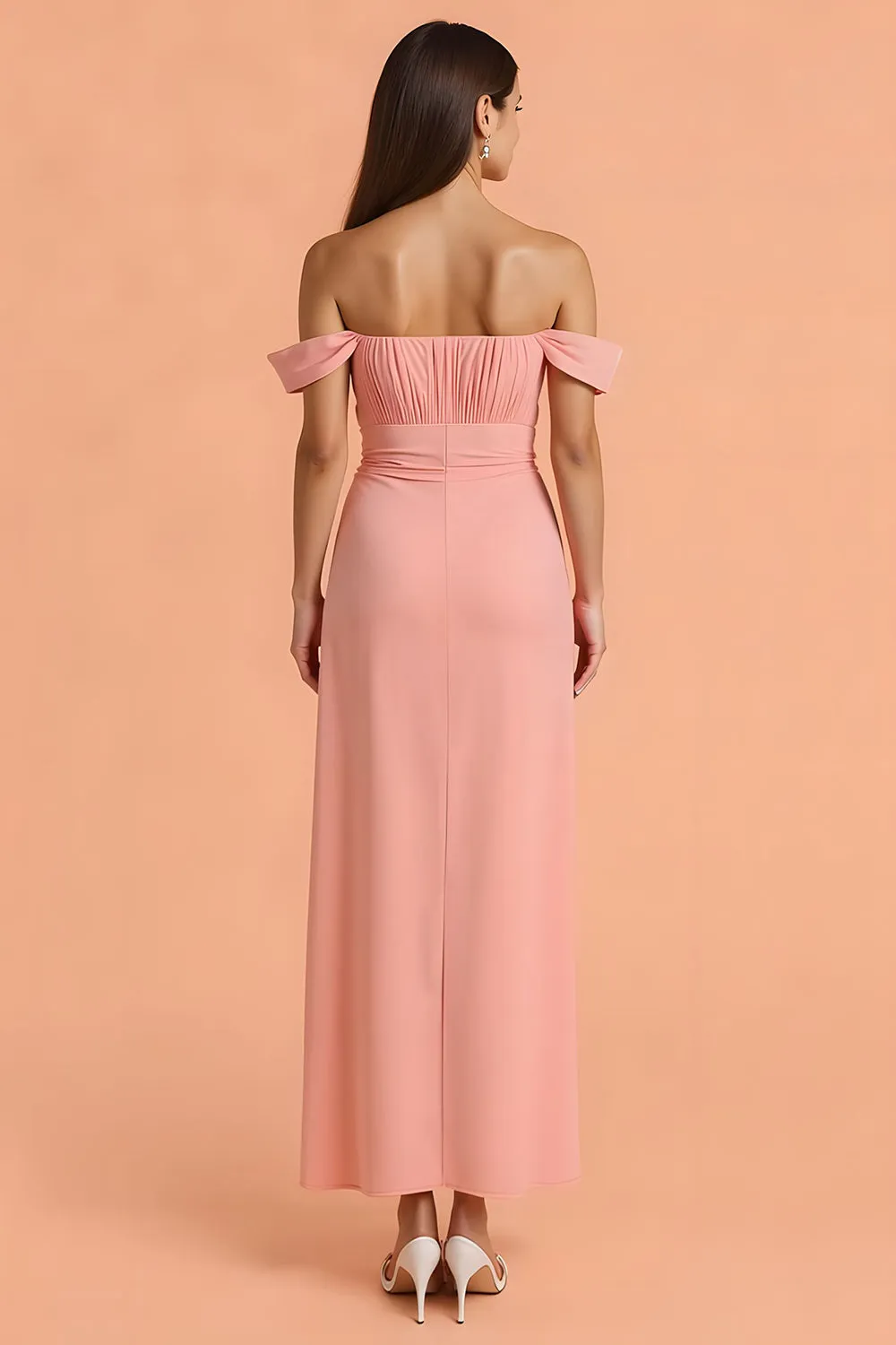 Blush Sheath Off the Shoulder Long Bridesmaid Dress with Slit sold by Zapaka product image thumbnail 2