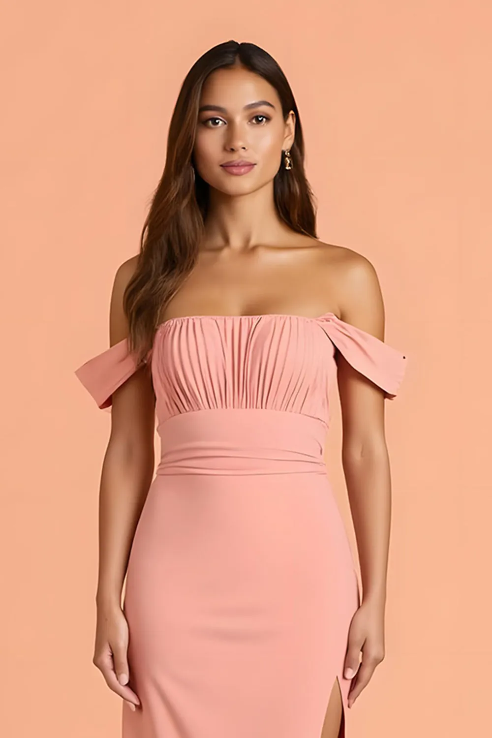 Blush Sheath Off the Shoulder Long Bridesmaid Dress with Slit sold by Zapaka product image thumbnail 3