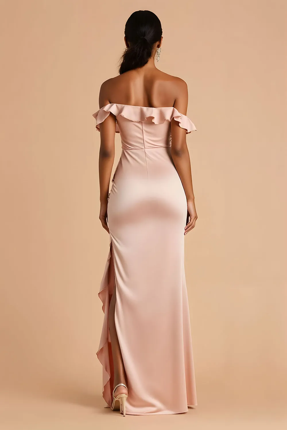 Candy Pink Sheath Ruffled Off the Shoulder Maxi Bridesmaid Dress with Slit sold by Zapaka product image thumbnail 2
