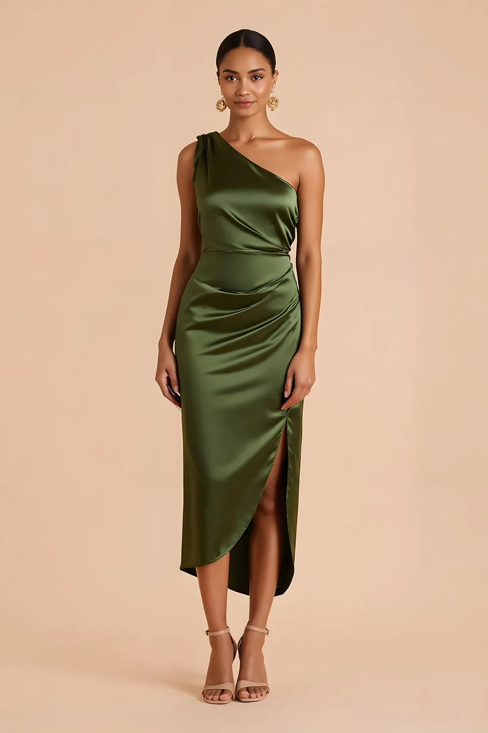 Olive Sheath One Shoulder Midi Bridesmaid Dress with Slit sold by Zapaka