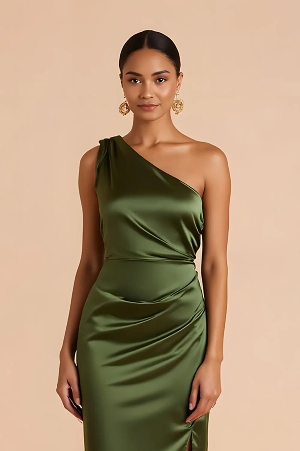 Olive Sheath One Shoulder Midi Bridesmaid Dress with Slit sold by Zapaka product image thumbnail 2