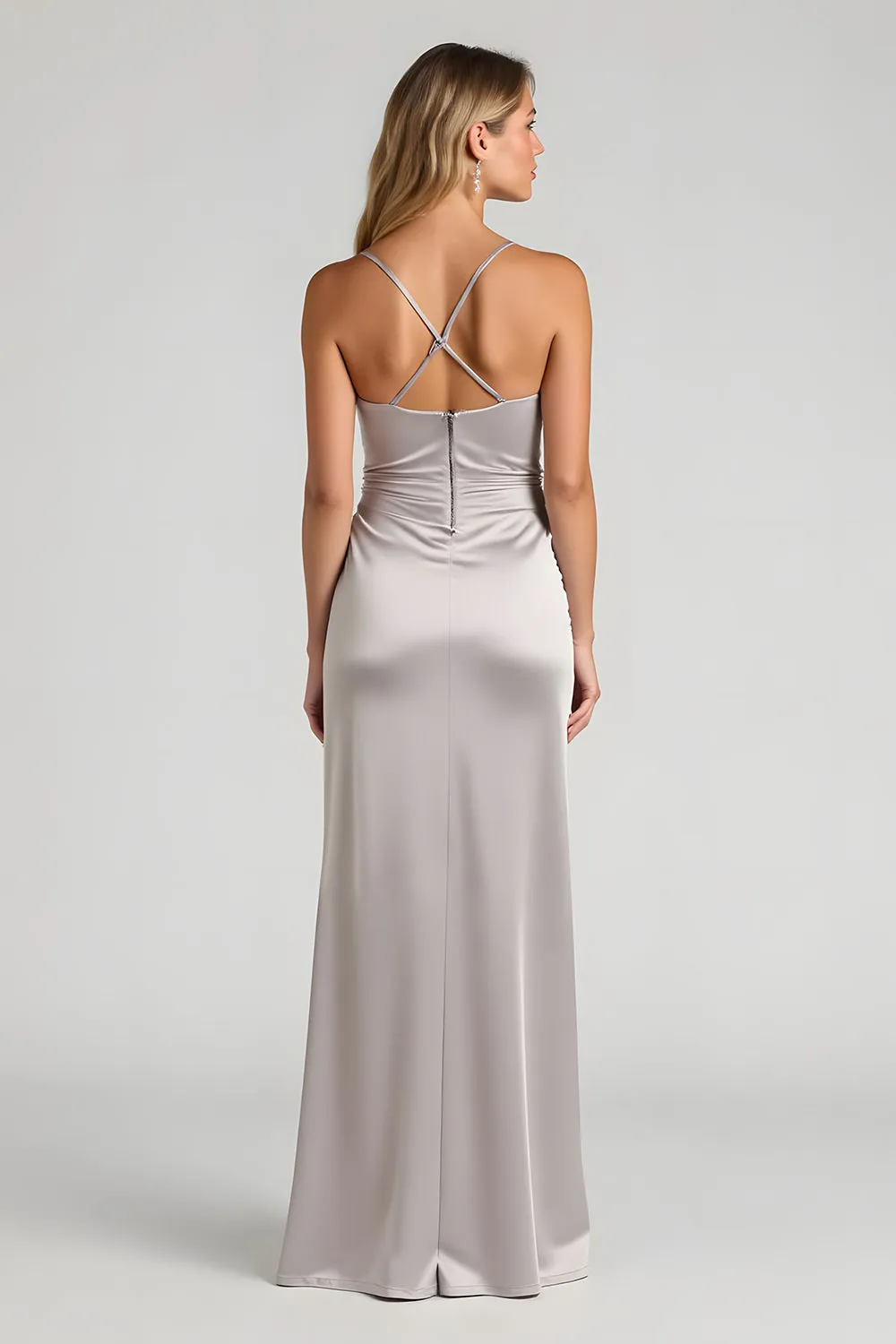 Silver Sheath Ruched Spaghetti Straps Long Bridesmaid Dress with Slit sold by Zapaka product image thumbnail 2