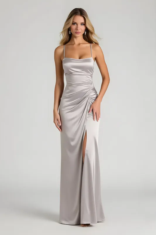 Silver Sheath Ruched Spaghetti Straps Long Bridesmaid Dress with Slit sold by Zapaka