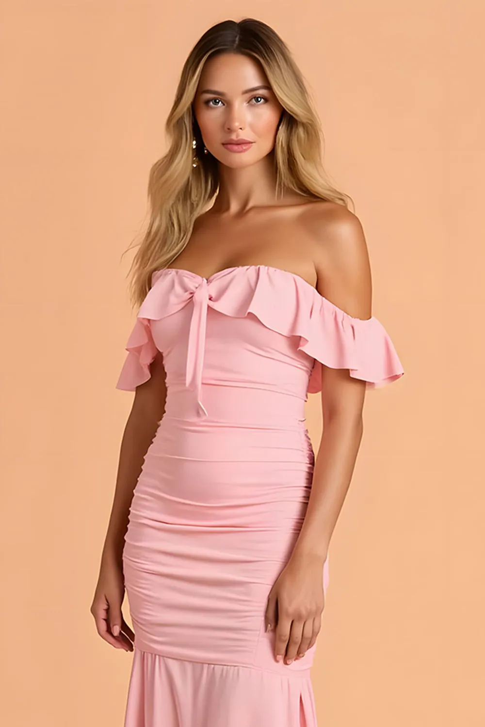 Blush Mermaid Ruched Off the Shoulder Maxi Bridesmaid Dress with Ruffles sold by Zapaka product image thumbnail 3