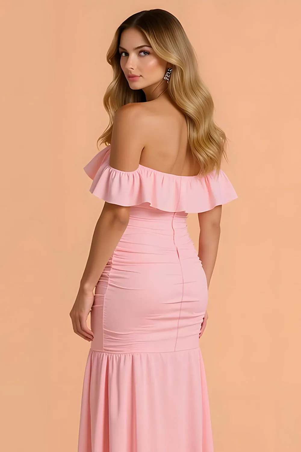 Blush Mermaid Ruched Off the Shoulder Maxi Bridesmaid Dress with Ruffles sold by Zapaka product image thumbnail 4