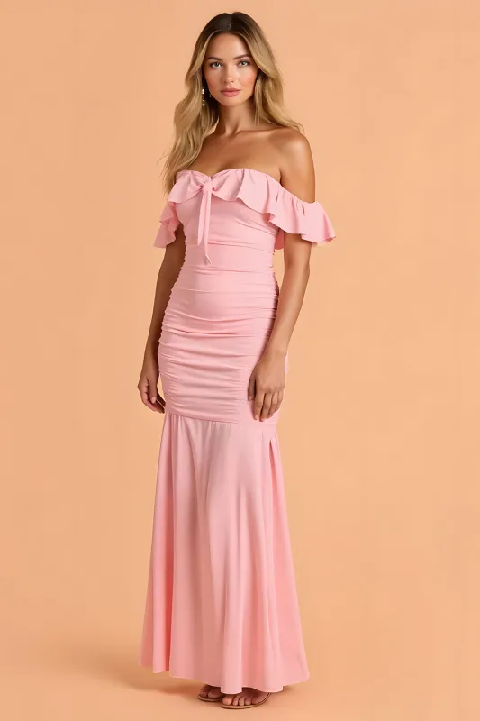 Blush Mermaid Ruched Off the Shoulder Maxi Bridesmaid Dress with Ruffles sold by Zapaka