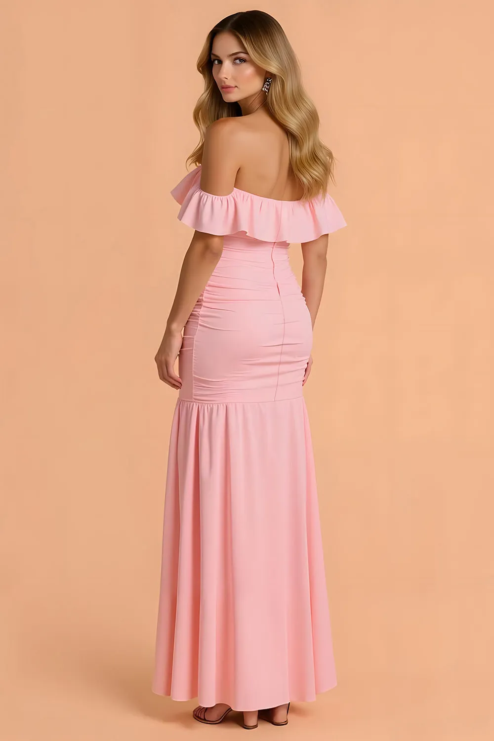 Blush Mermaid Ruched Off the Shoulder Maxi Bridesmaid Dress with Ruffles sold by Zapaka product image thumbnail 2