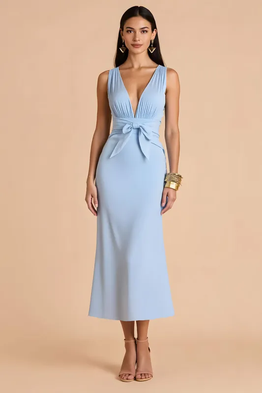 Light Blue Mermaid Deep V-Neck Long Bridesmaid Dress with Bow sold by Zapaka