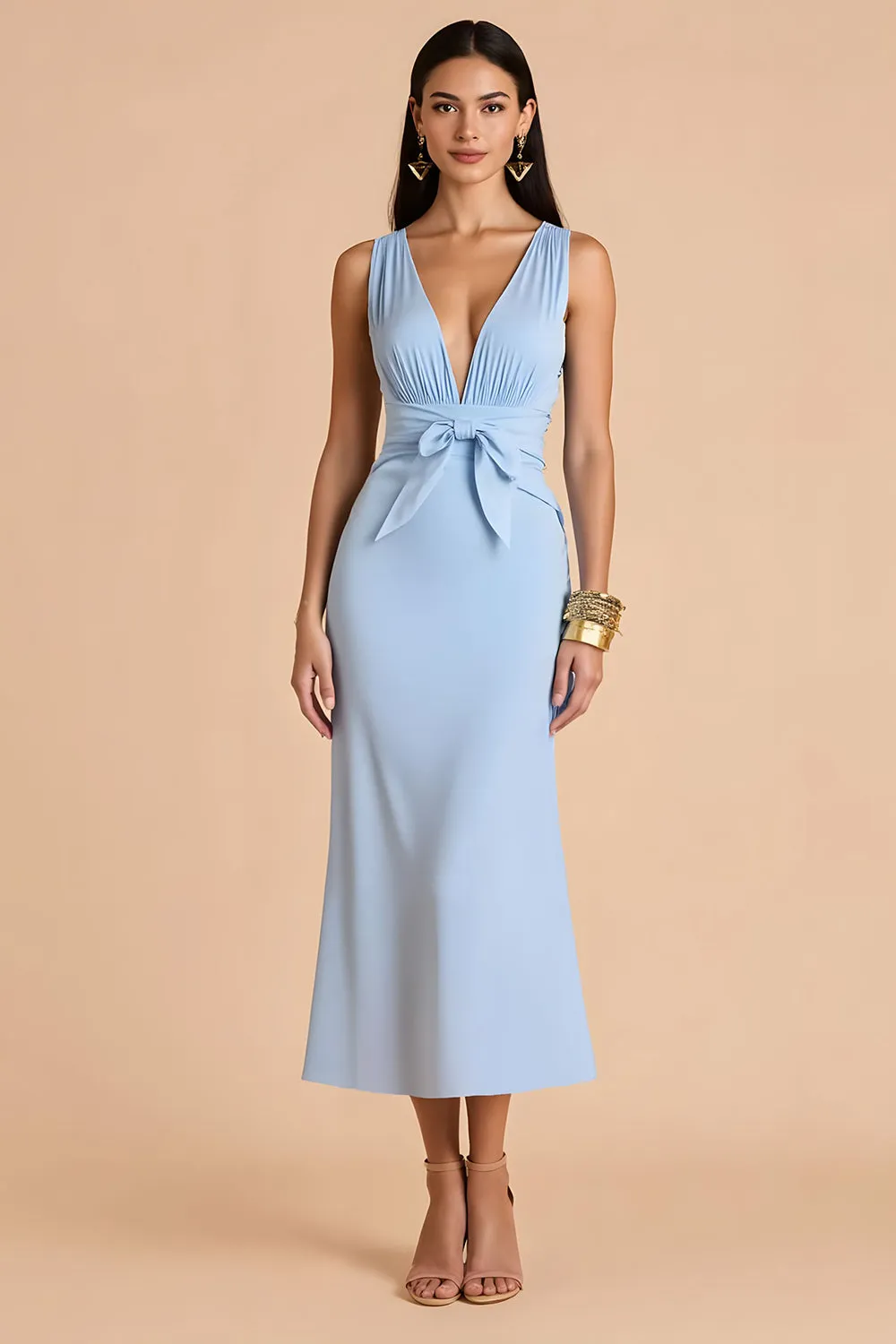 Light Blue Mermaid Deep V-Neck Long Bridesmaid Dress with Bow sold by Zapaka