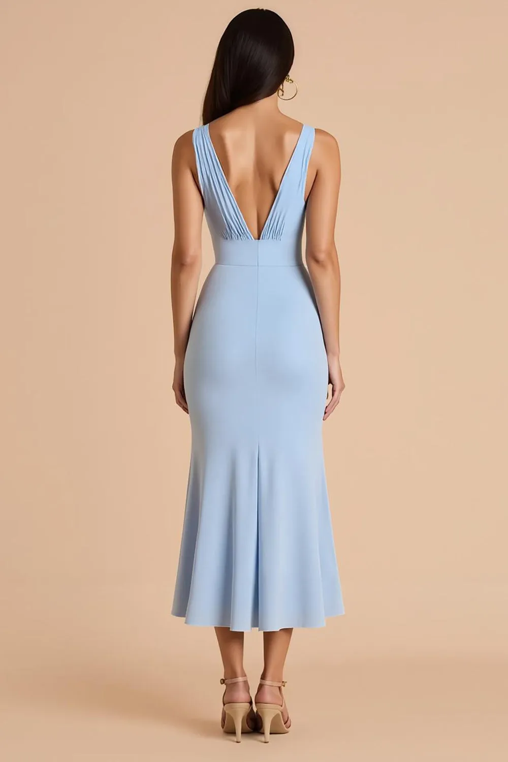 Light Blue Mermaid Deep V-Neck Long Bridesmaid Dress with Bow sold by Zapaka product image thumbnail 2