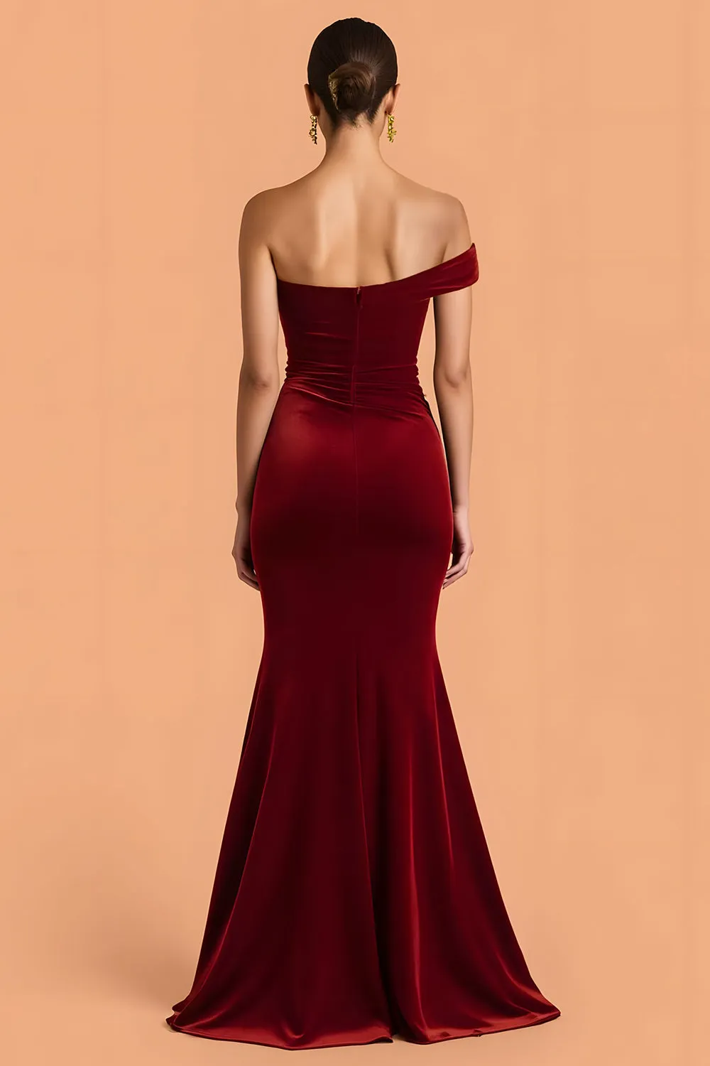 Burgundy Mermaid One Shoulder Velvet Ruched Long Bridesmaid Dress sold by Zapaka product image thumbnail 2
