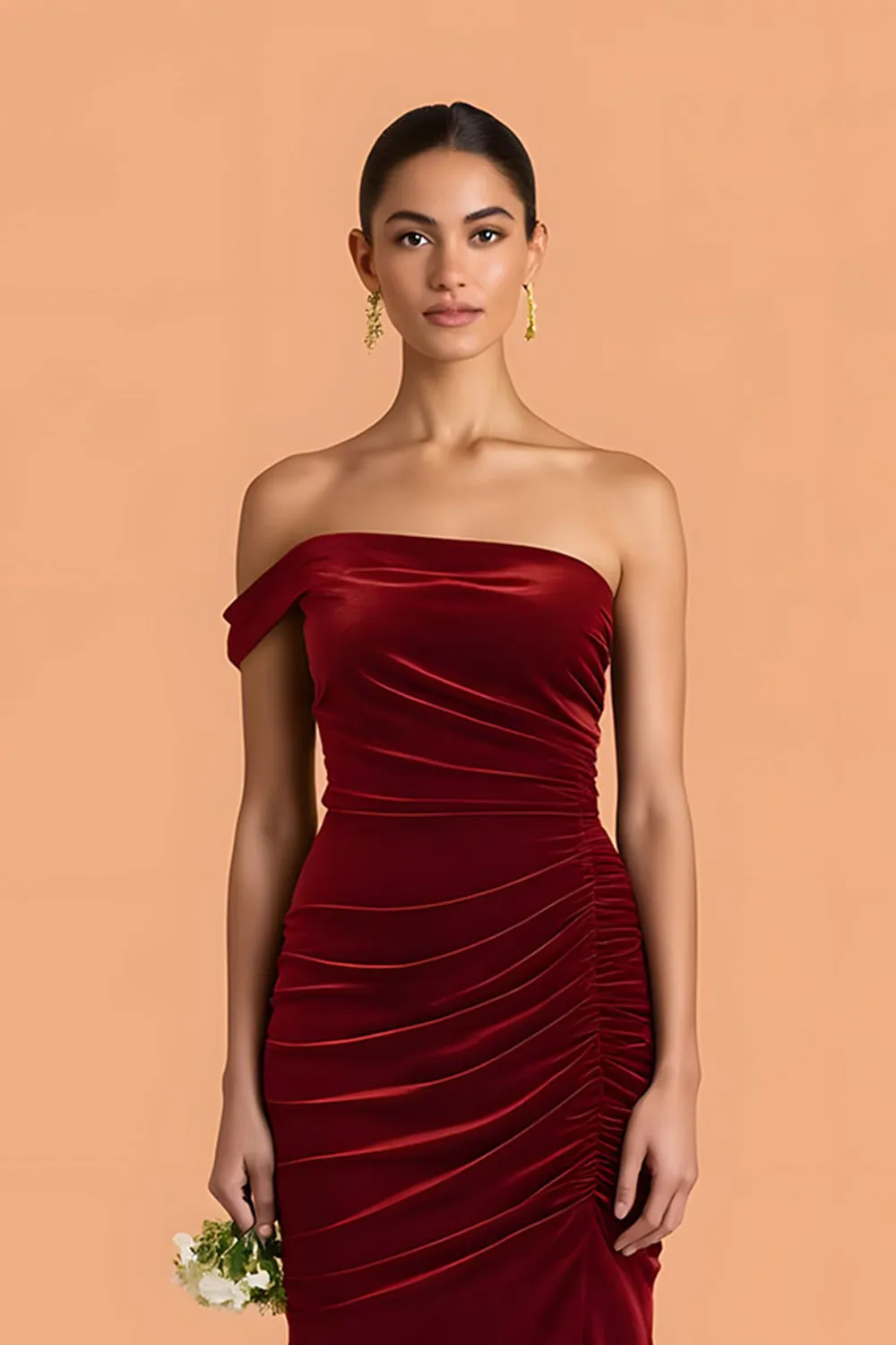Burgundy Mermaid One Shoulder Velvet Ruched Long Bridesmaid Dress sold by Zapaka product image thumbnail 3