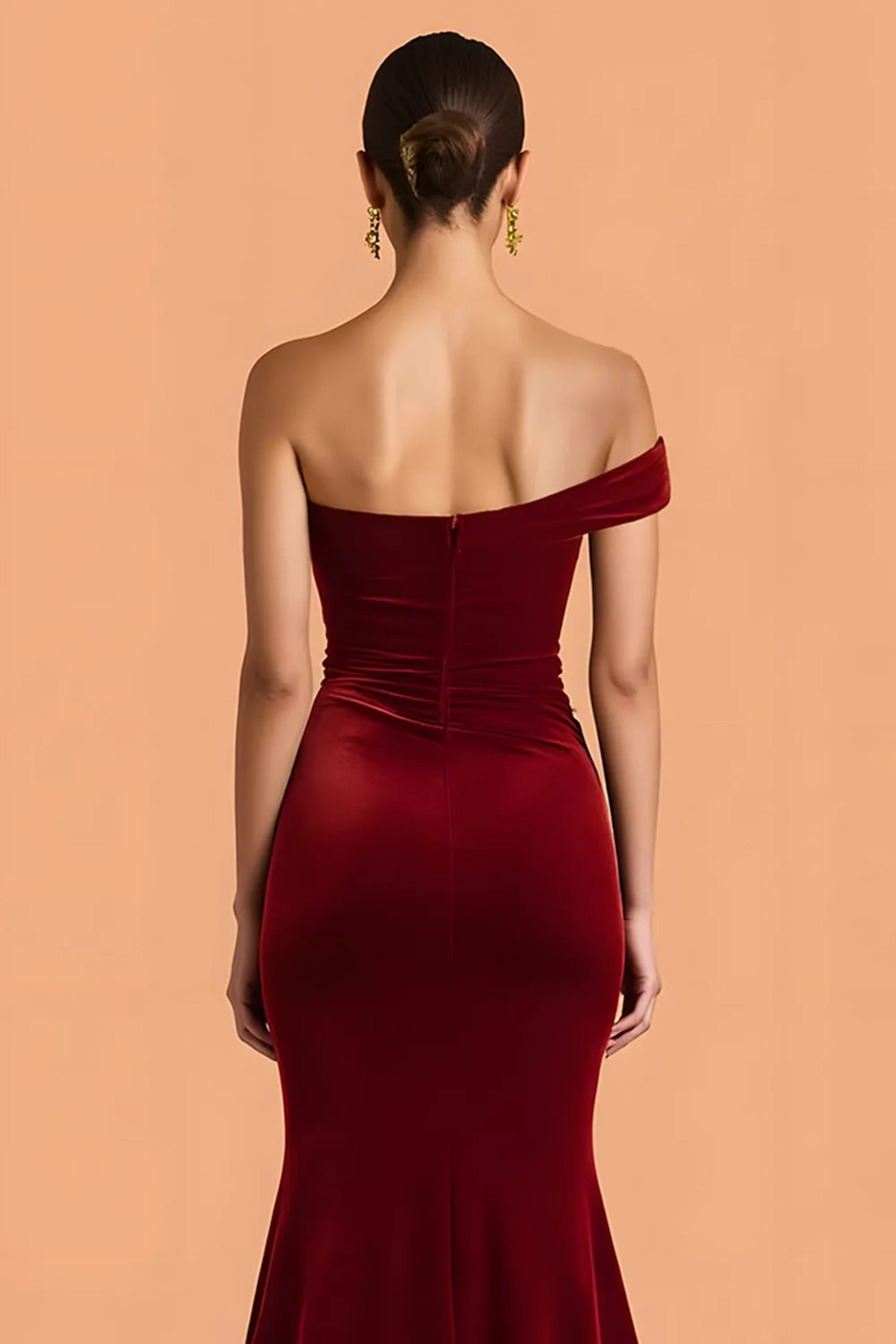 Burgundy Mermaid One Shoulder Velvet Ruched Long Bridesmaid Dress sold by Zapaka product image thumbnail 4