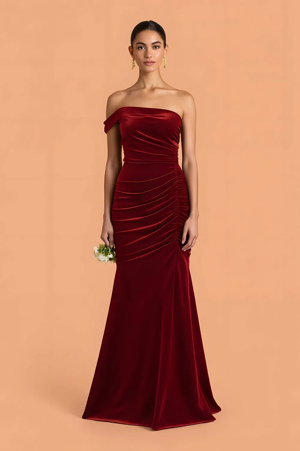 Burgundy Mermaid One Shoulder Velvet Ruched Long Bridesmaid Dress sold by Zapaka