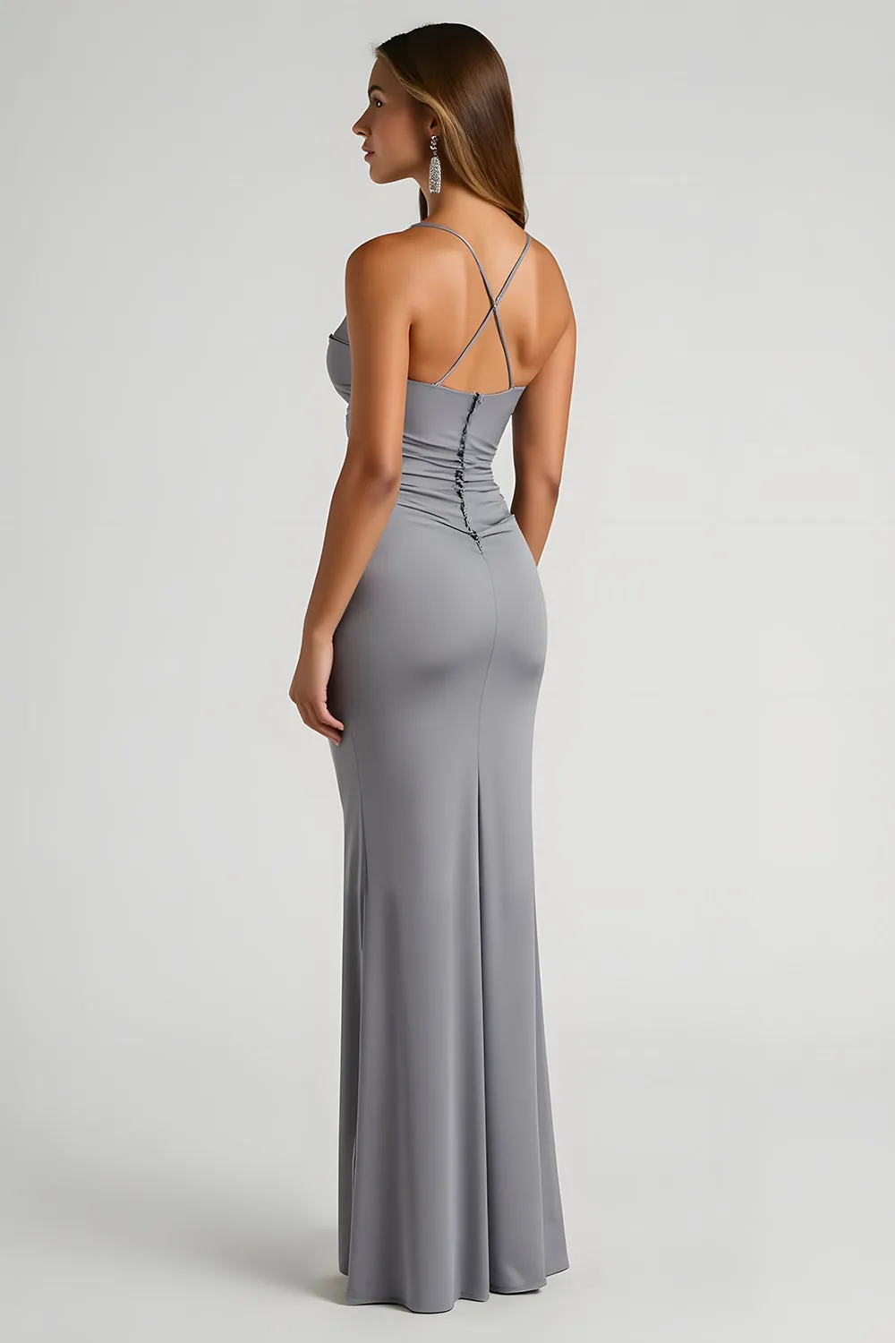 Steel Grey Mermaid Ruched Spaghetti Straps Long Bridesmaid Dress sold by Zapaka product image thumbnail 2