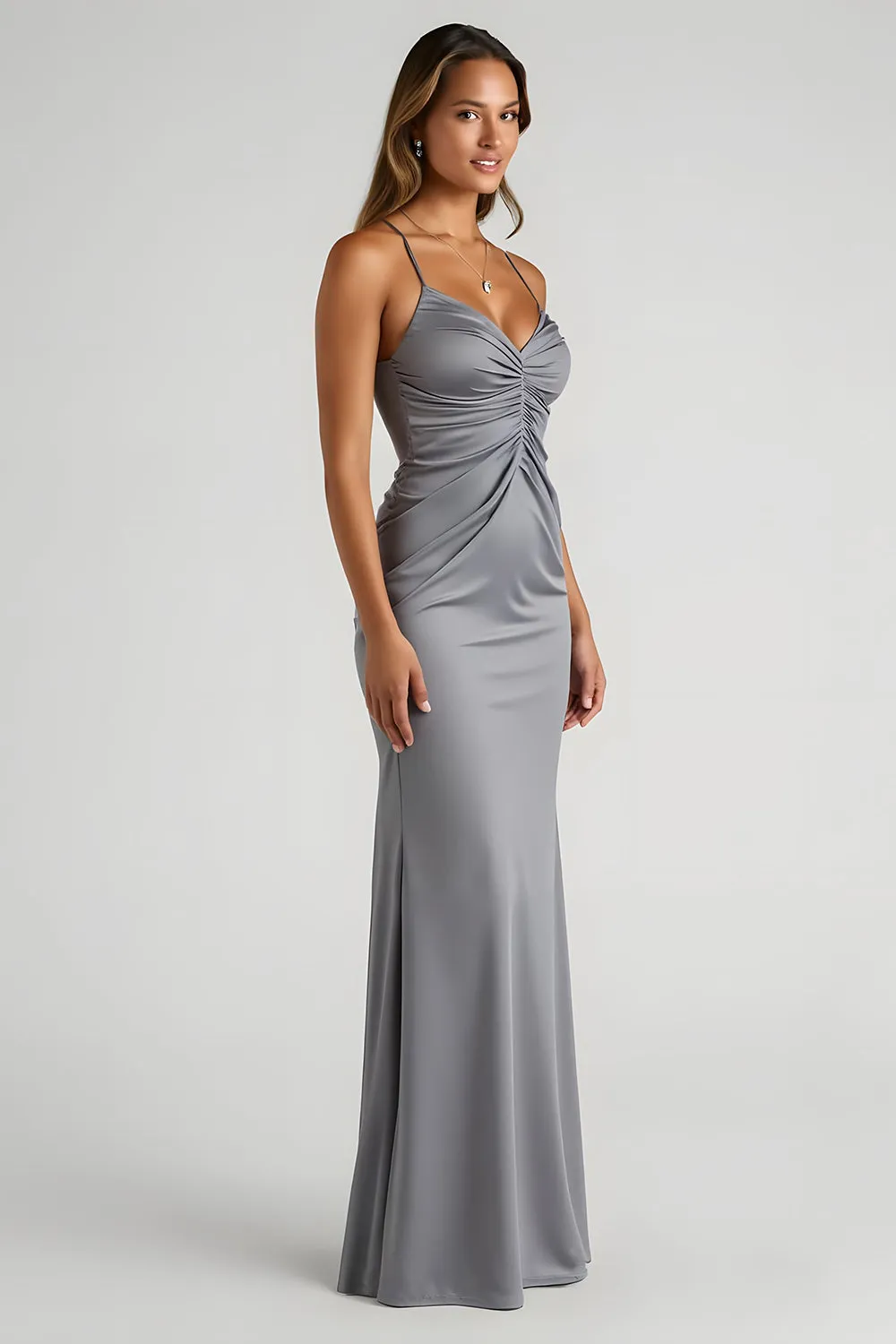 Steel Grey Mermaid Ruched Spaghetti Straps Long Bridesmaid Dress sold by Zapaka