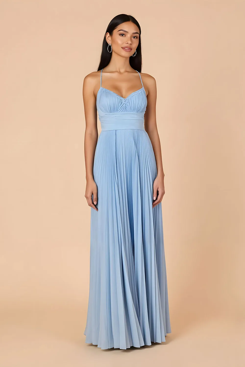 Light Blue Pleated A Line Spaghetti Straps Maxi Bridesmaid Dress sold by Zapaka