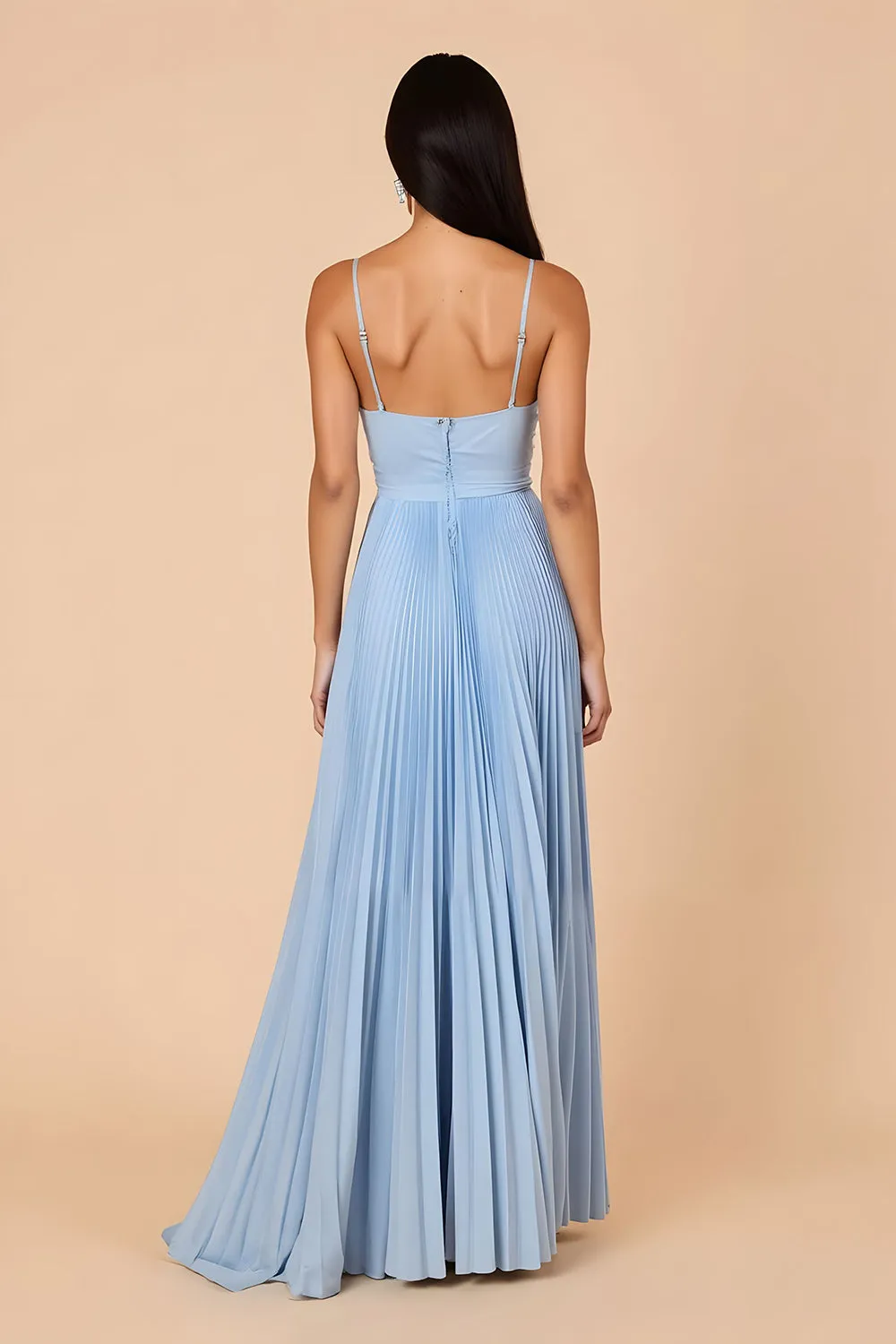 Light Blue Pleated A Line Spaghetti Straps Maxi Bridesmaid Dress sold by Zapaka product image thumbnail 2