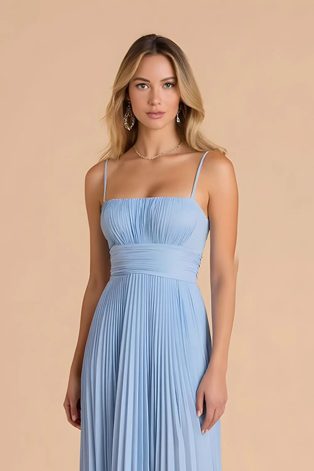 Light Blue Pleated A Line Spaghetti Straps Long Bridesmaid Dress sold by Zapaka product image thumbnail 3