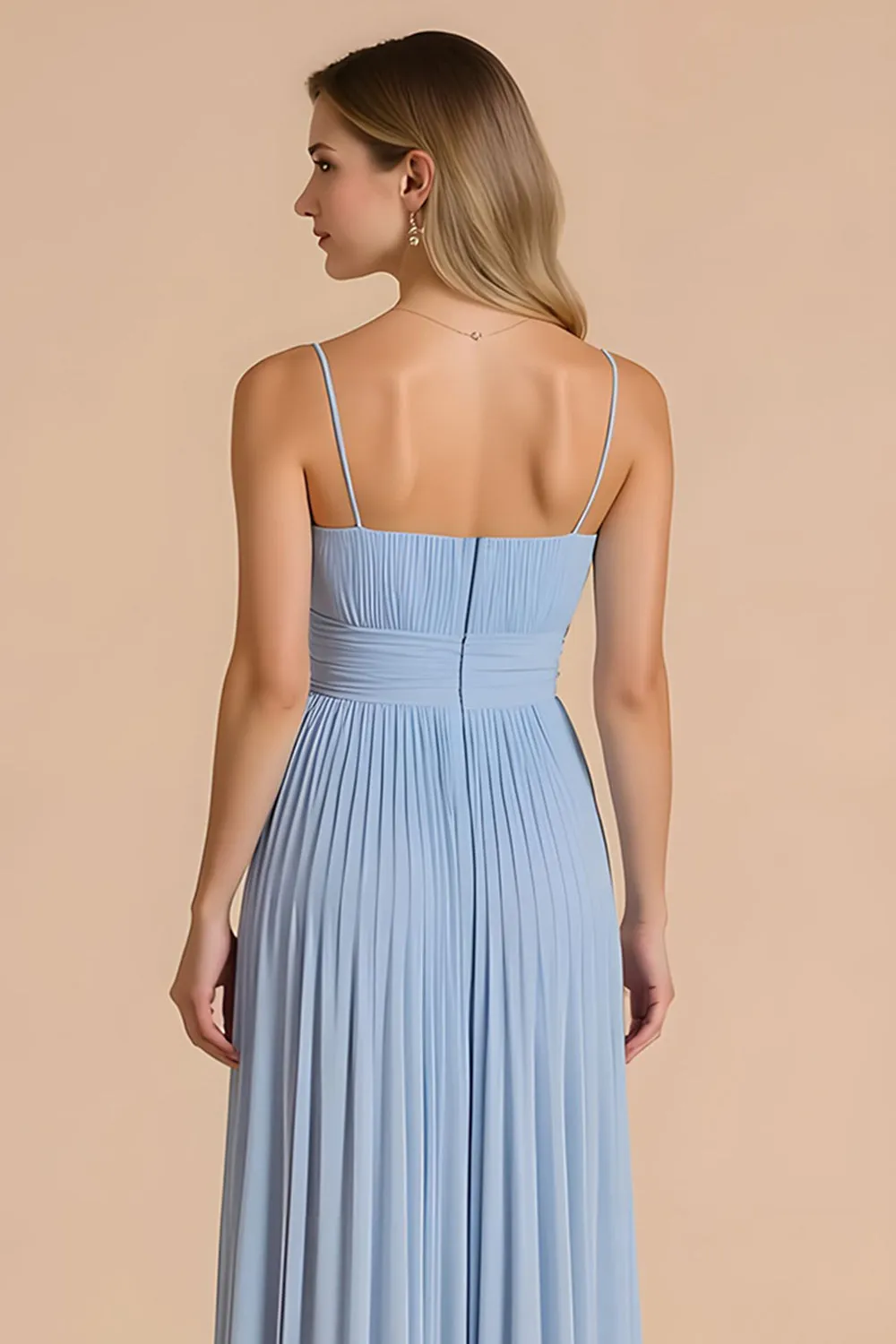 Light Blue Pleated A Line Spaghetti Straps Long Bridesmaid Dress sold by Zapaka product image thumbnail 4