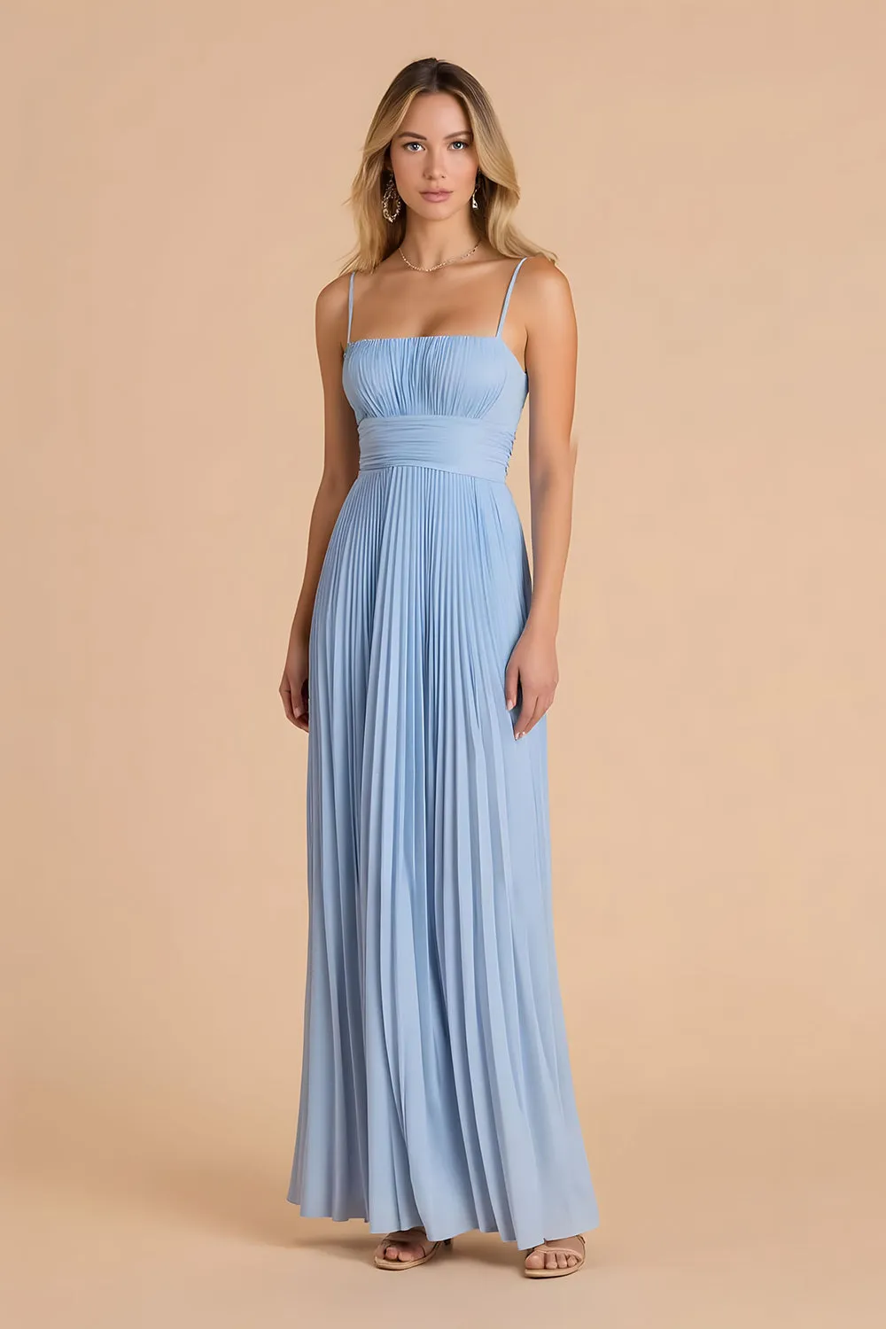 Light Blue Pleated A Line Spaghetti Straps Long Bridesmaid Dress sold by Zapaka