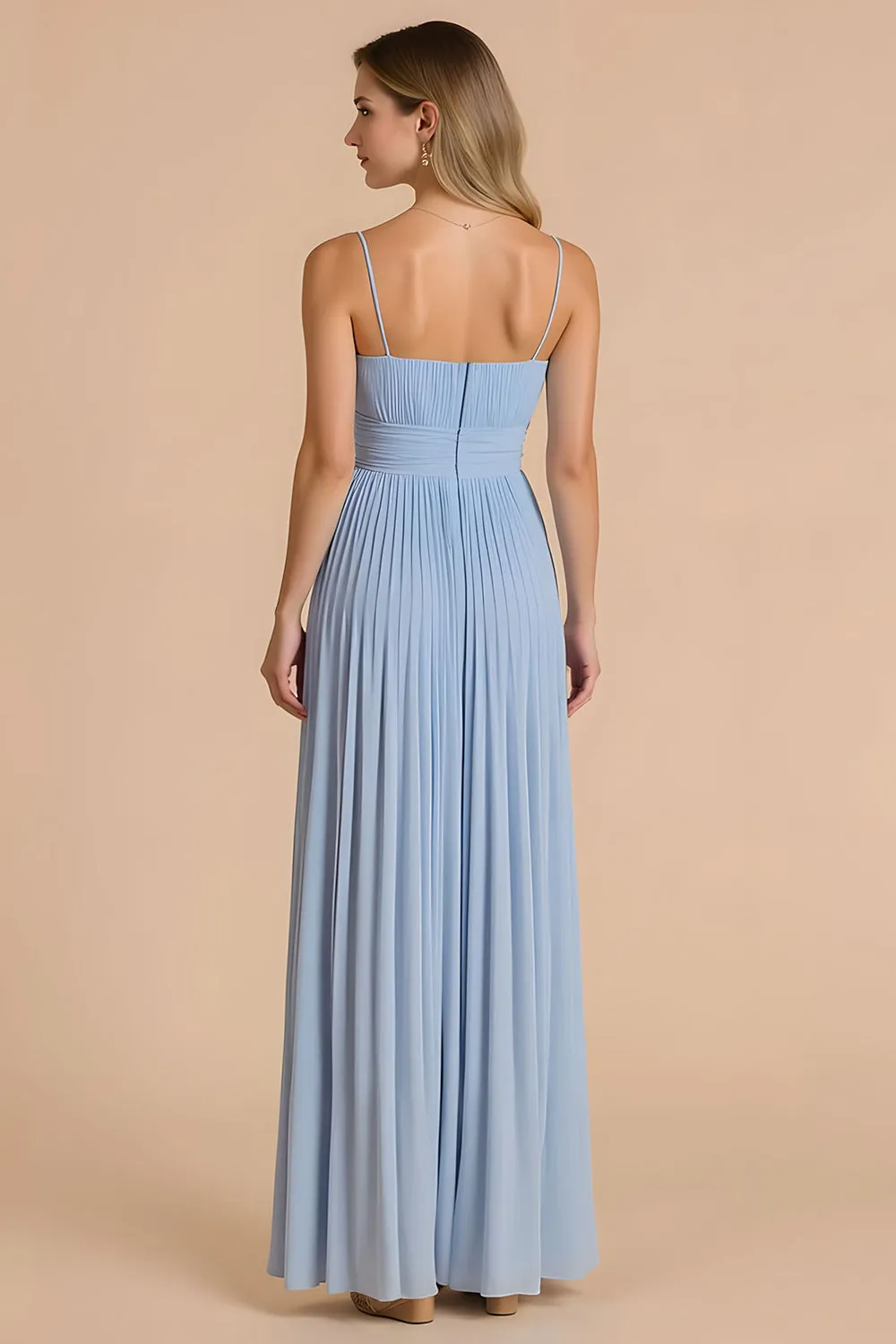 Light Blue Pleated A Line Spaghetti Straps Long Bridesmaid Dress sold by Zapaka product image thumbnail 2