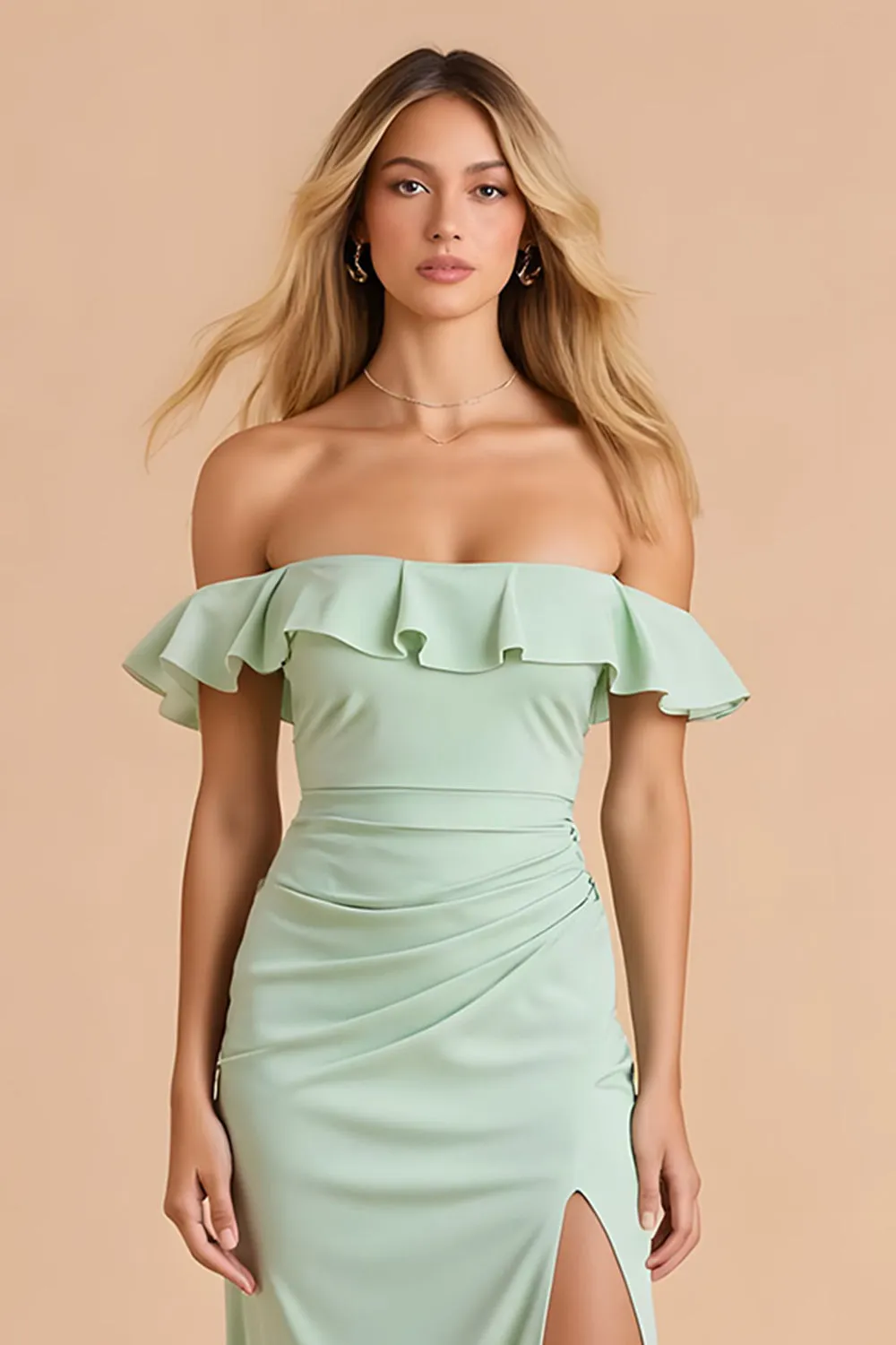 Light Green Sheath Off the Shoulder Maxi Bridesmaid Dress with Ruffles sold by Zapaka product image thumbnail 3