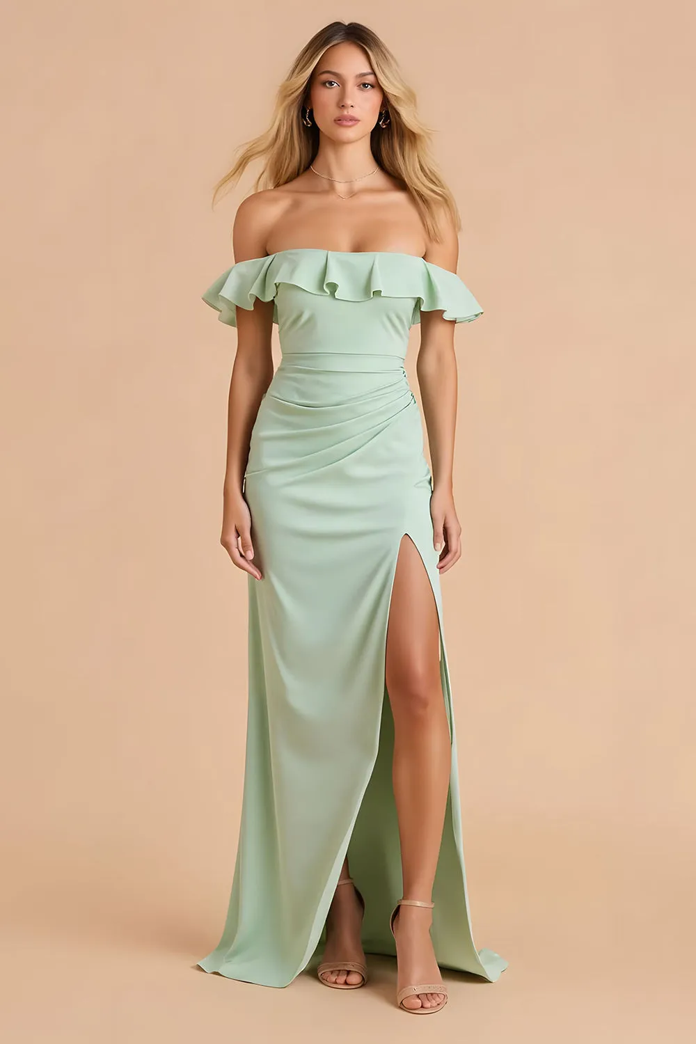 Light Green Sheath Off the Shoulder Maxi Bridesmaid Dress with Ruffles sold by Zapaka