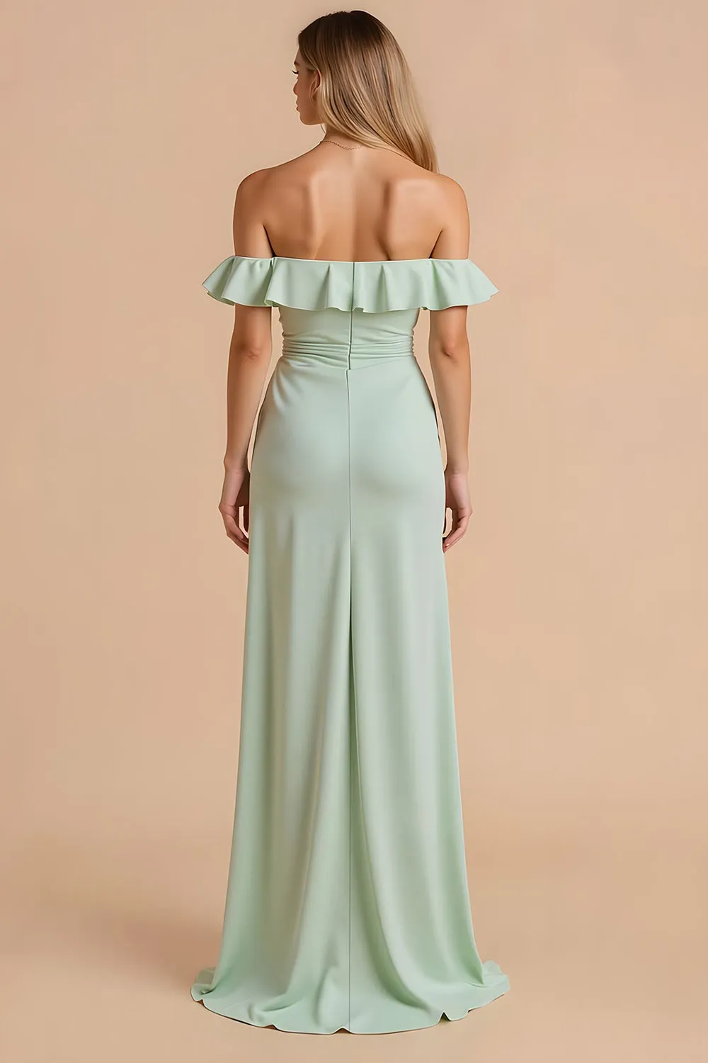 Light Green Sheath Off the Shoulder Maxi Bridesmaid Dress with Ruffles sold by Zapaka product image thumbnail 2