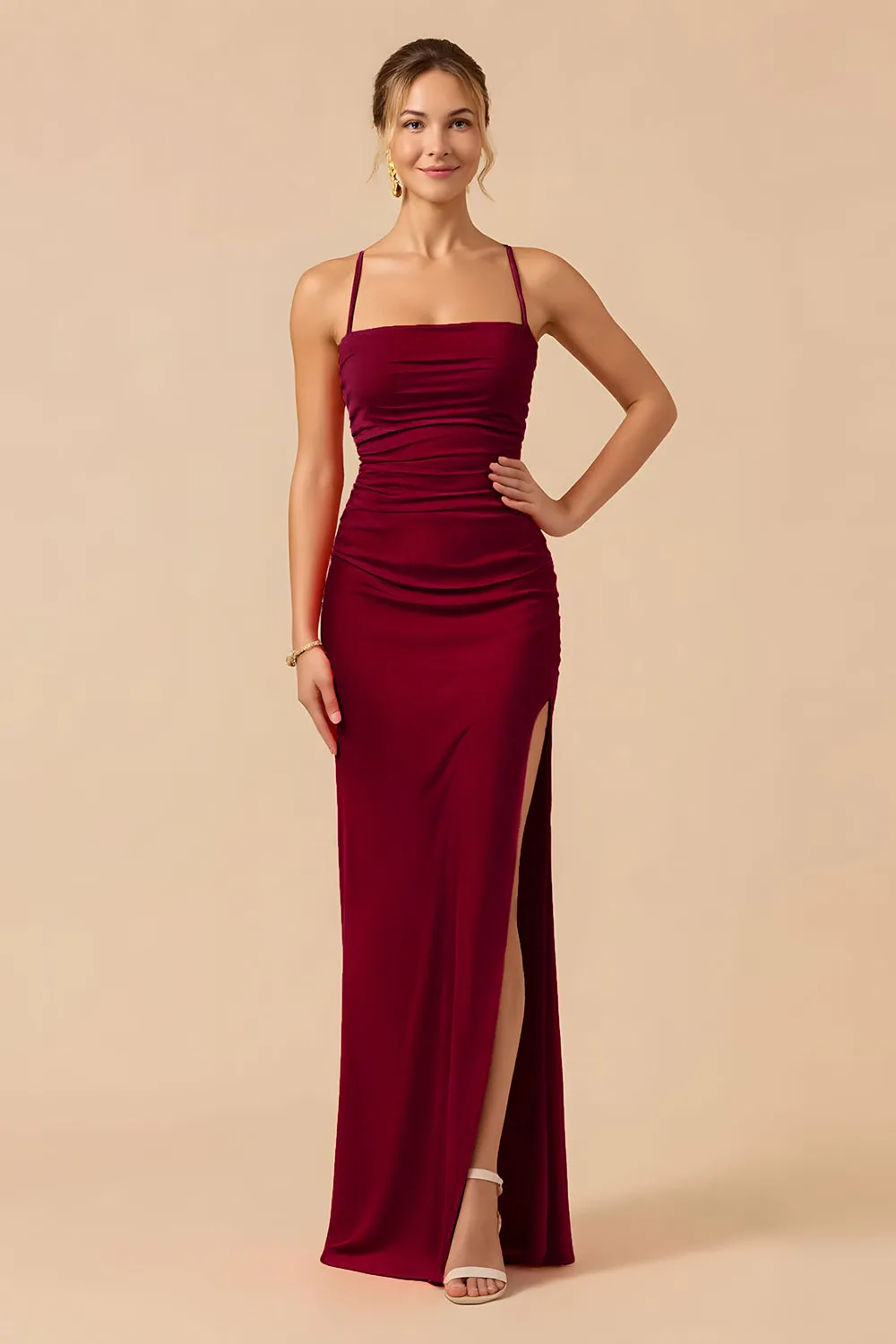 Burgundy Sheath Sapghetti Straps Long Bridesmaid Dress with Slit sold by Zapaka