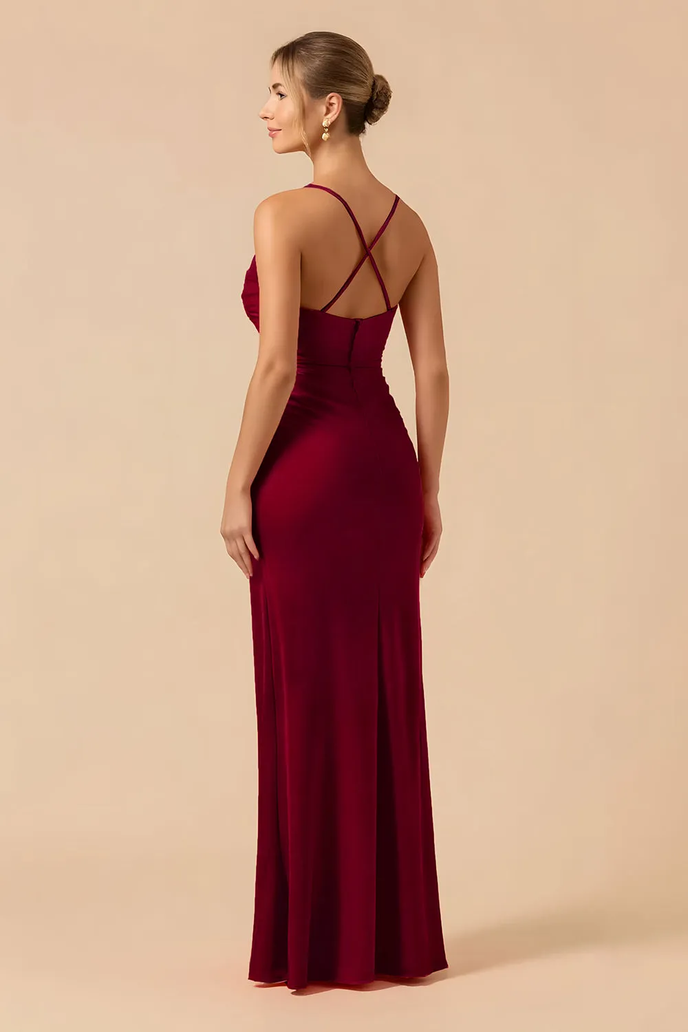 Burgundy Sheath Sapghetti Straps Long Bridesmaid Dress with Slit sold by Zapaka product image thumbnail 2