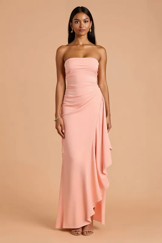 Blush Sheath Strapless Ruffled Long Bridesmaid Dress with Slit sold by Zapaka