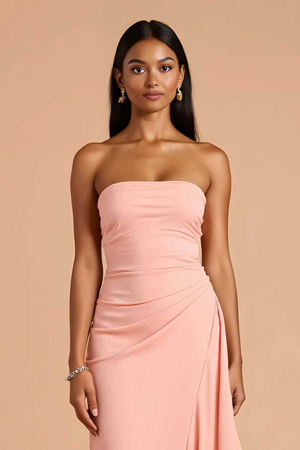 Blush Sheath Strapless Ruffled Long Bridesmaid Dress with Slit sold by Zapaka product image thumbnail 3
